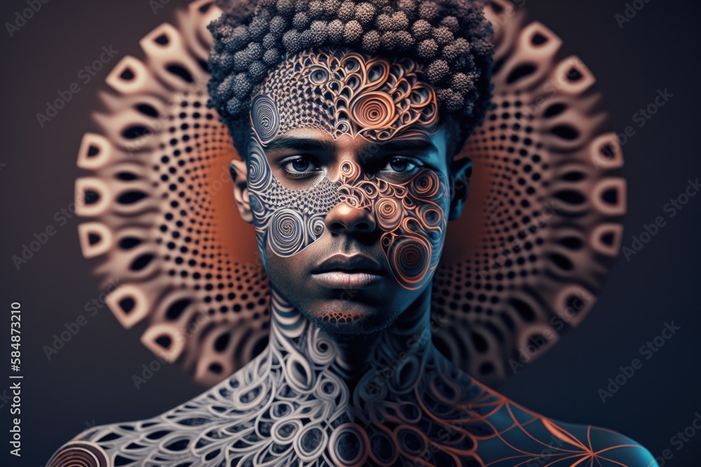 Poster a woman with a face painted with intricate designs and a circular pattern zoo graphic design print d