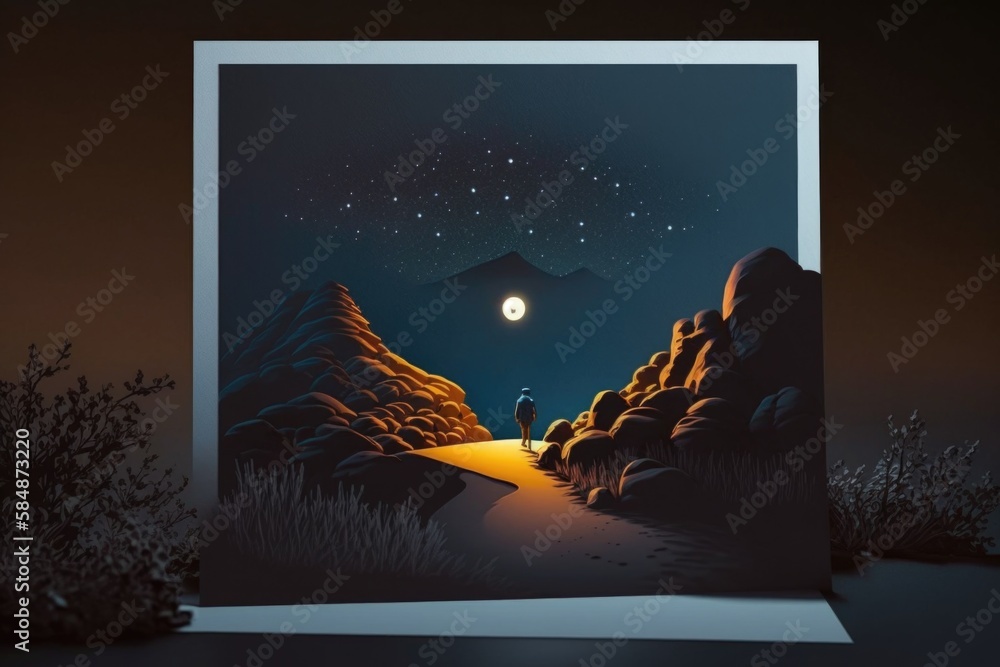 Poster a card with a man standing on a path at night with a full moon lunar landscape paper cutting motion 