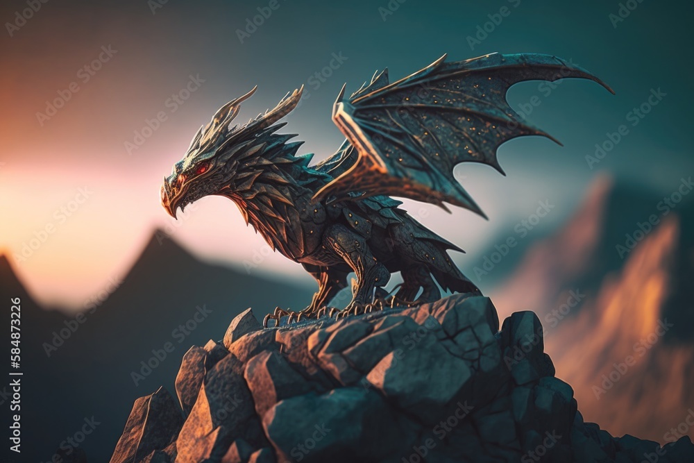 Poster a statue of a dragon on a rock in the mountains at sunset mountain animation 3d modeling generative 