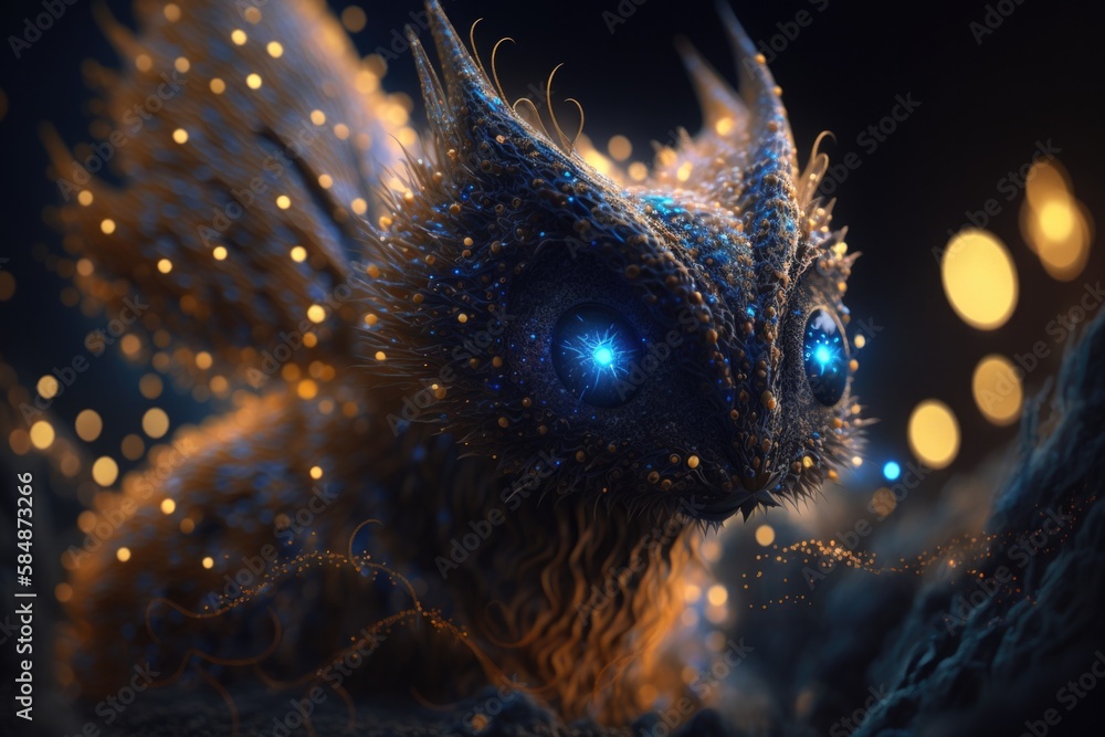 Poster a strange creature with glowing blue eyes and a glowing tail with a blurry background zoo video art 