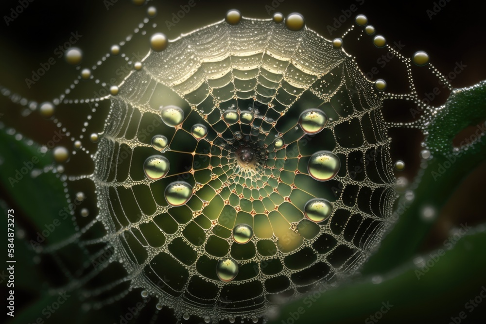 Poster a spider web with dew drops on it's surface and a green leaf urban park in the morning with dew macr