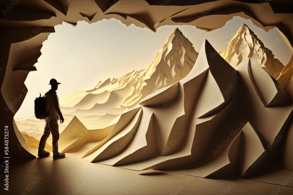 Poster a man with a backpac k is standing in a cave with mountains lunar landscape paper cutting set design