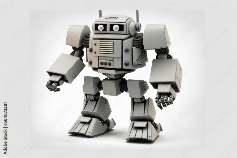 Poster a robot that is standing up with a white background and a gray background car repair shop animation 