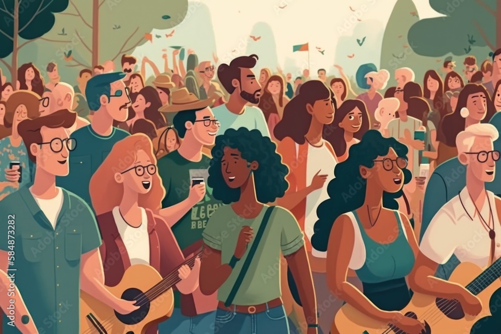 Poster a crowd of people standing around each other with guitars and singing oasis animation diversity and 