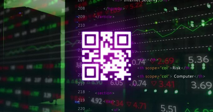 Animation of qr code, data processing over computer servers