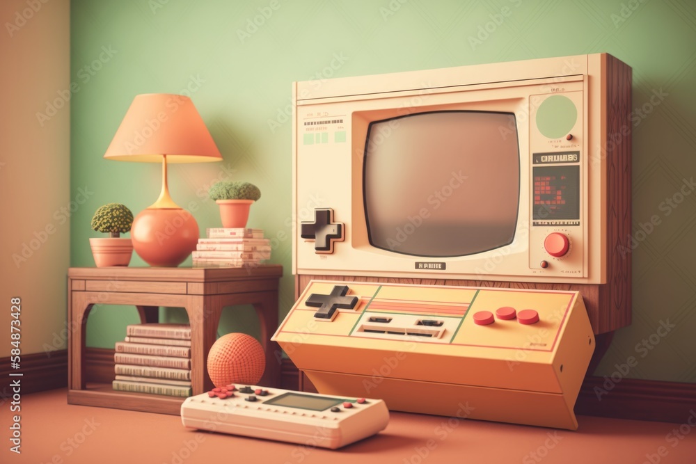 Poster a computer and a game controller on a table in a room arcade video art computer graphics generative 