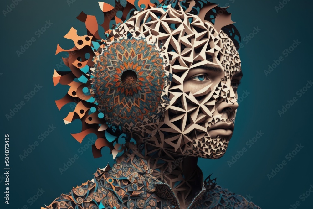 Poster a woman with a strange head made of many different objects and shapes art museum kinetic art print d