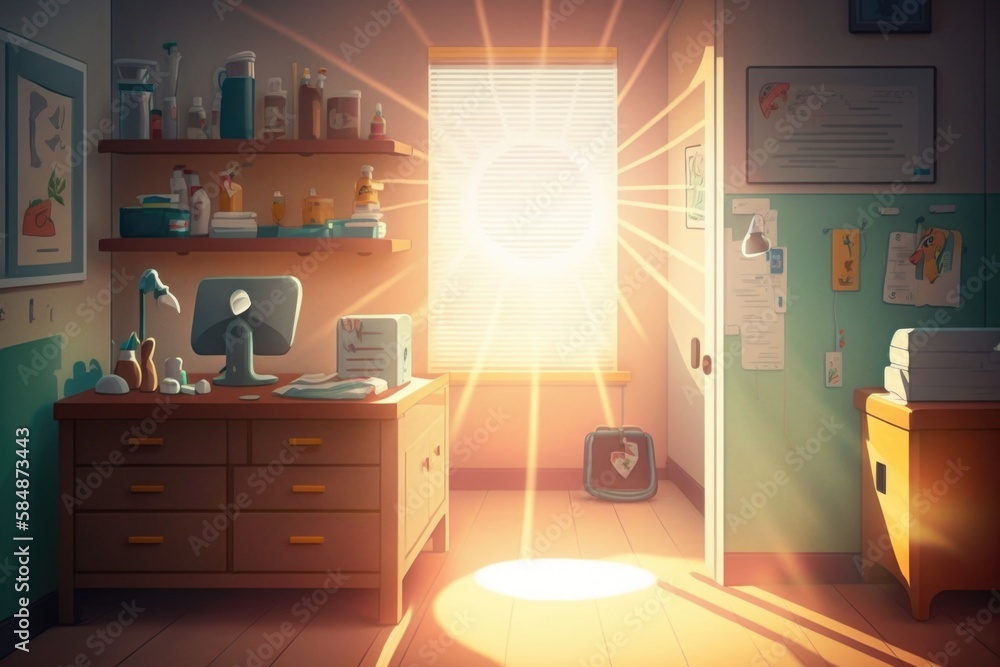 Poster a room with a desk and a window with a light coming through hospital animation animation filmmaking 