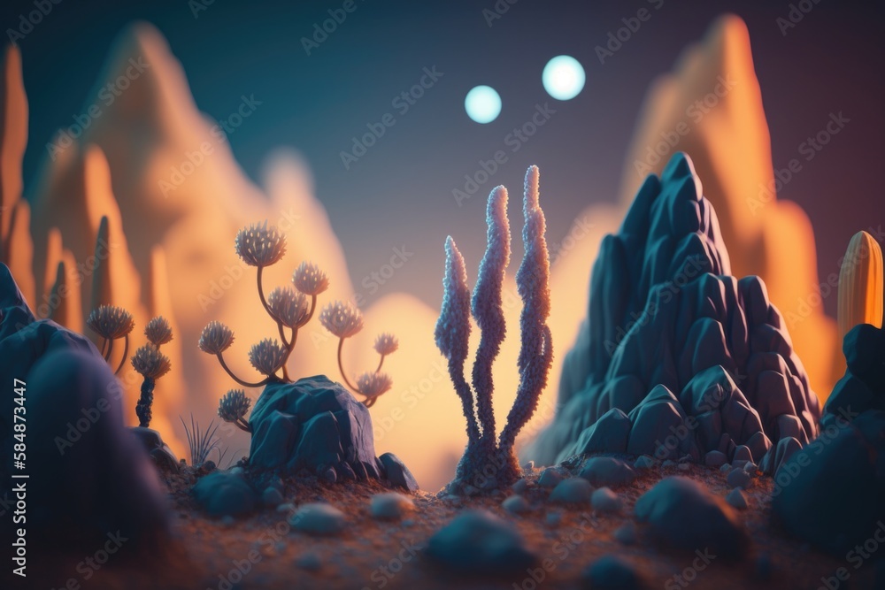 Aufkleber a desert scene with a cactus and rocks in the foreground lunar landscape animation environment gener