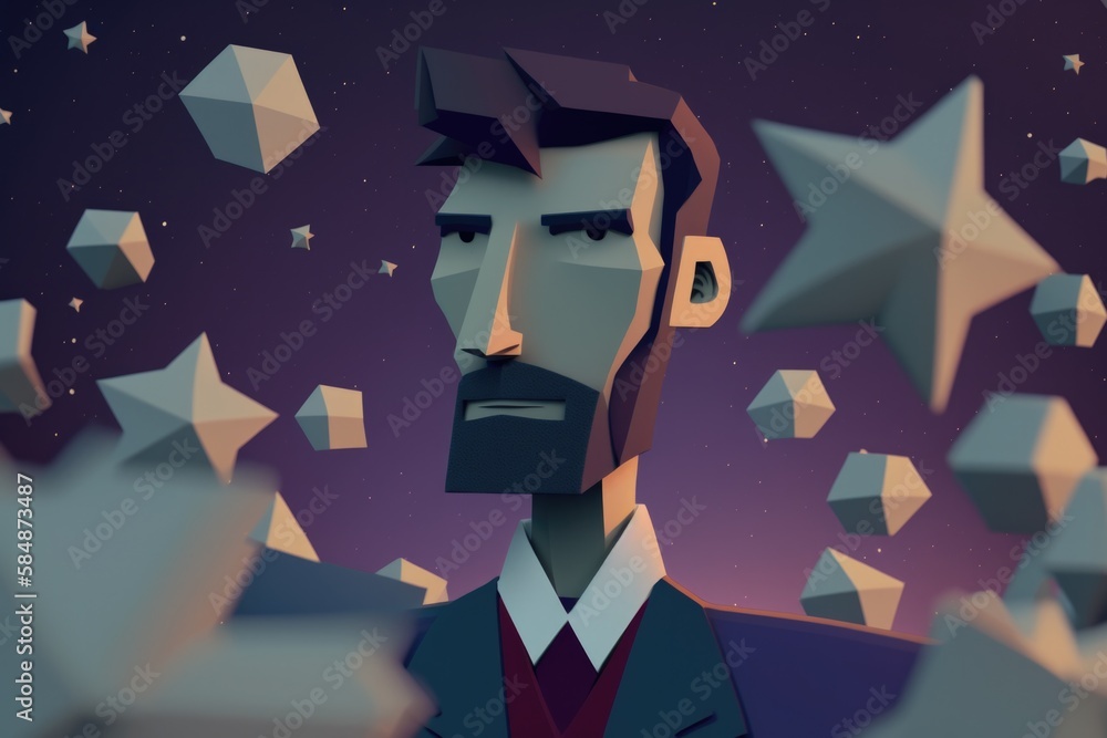 Poster a man with a beard and a suit standing in front of stars bank animation motion graphics