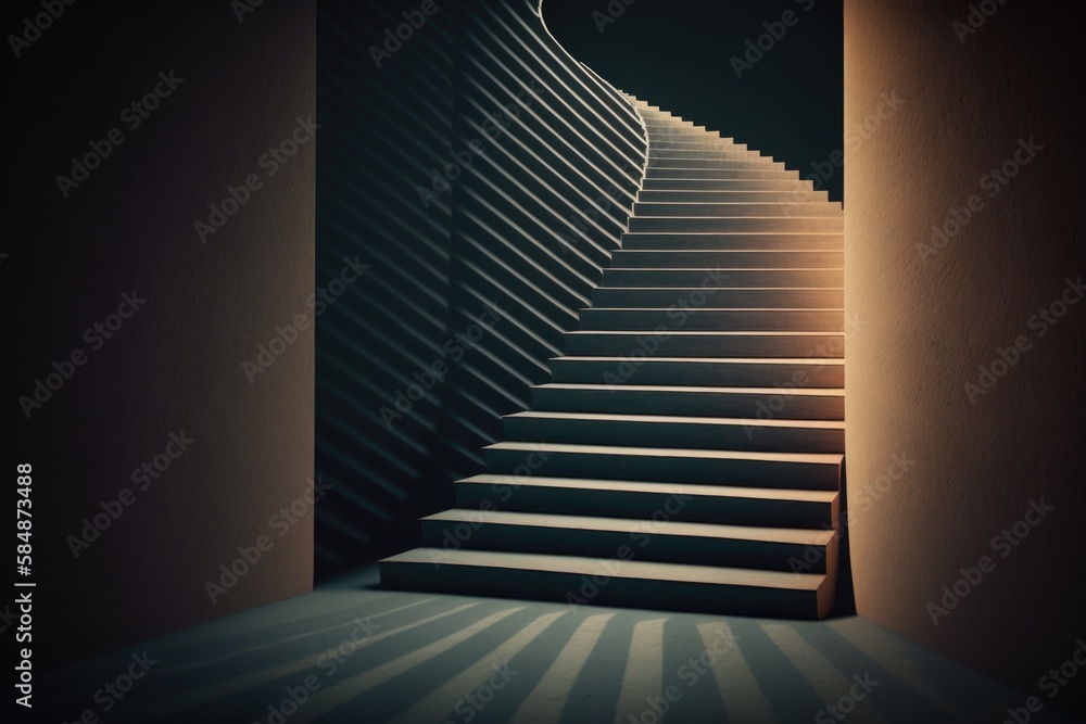 Poster a staircase with a light coming through it and a person walking up it deep sea trench art deco set d