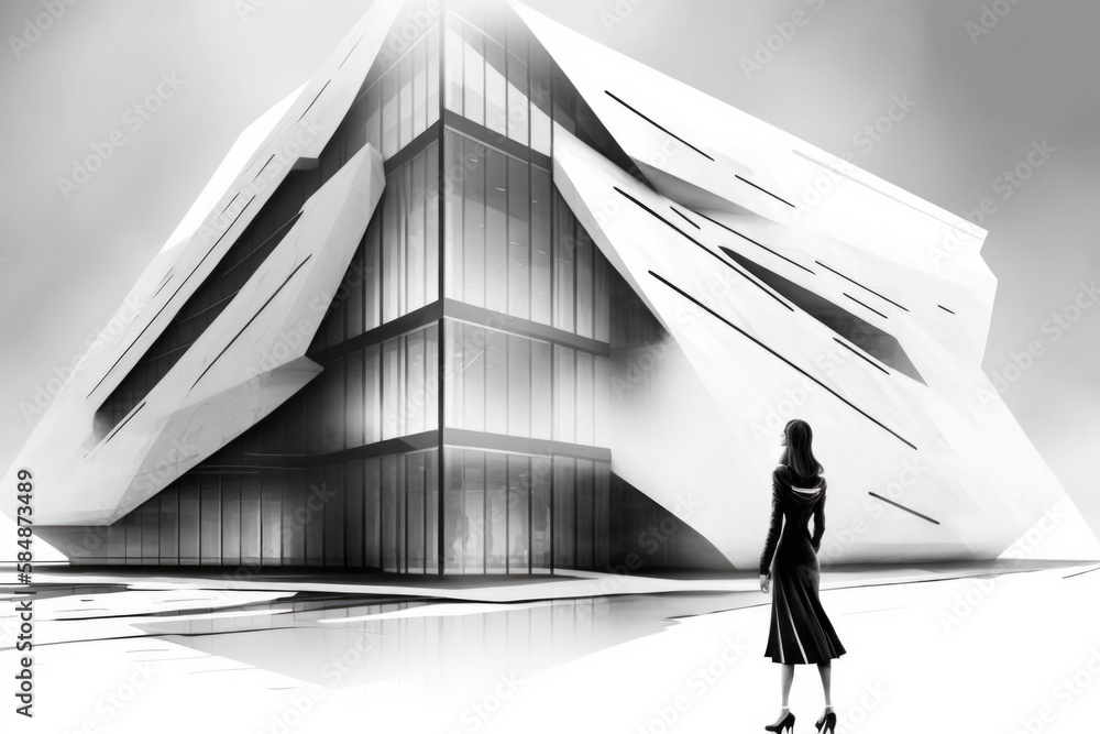 Poster a woman standing in front of a building with a large triangular structure art museum constructivism 
