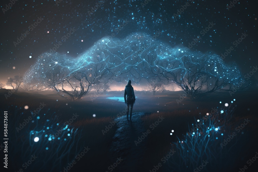 Poster a person standing in a field with a sky background and stars forest animation motion graphics