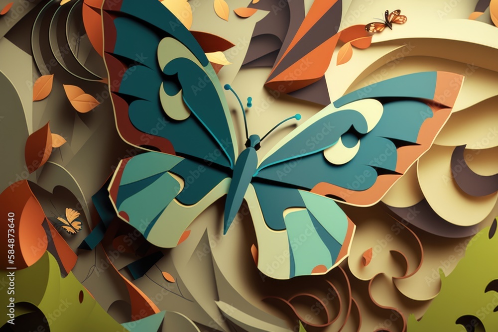 Aufkleber a colorful butterfly is flying through the air with a background of leaves zoo paper cutting print d