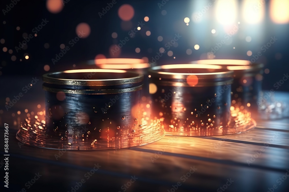 Poster three jars of candles on a wooden table with a blurry background power plant animation motion graphi