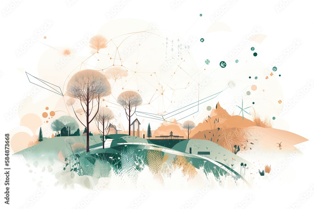 Poster a painting of a landscape with trees and a sky background with dots wind farm environmental art data