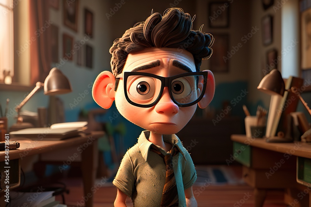 Aufkleber a cartoon character with glasses and a backpack in a room with a desk volcano animation animation fi