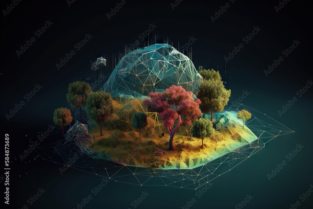Poster a computer generated image of a sphere with trees and a bird flying over it forest environmental art
