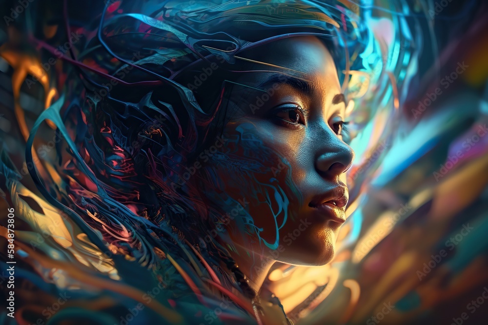 Poster a woman with a colorful abstract background and a face of a woman graffiti wall photorealism compute