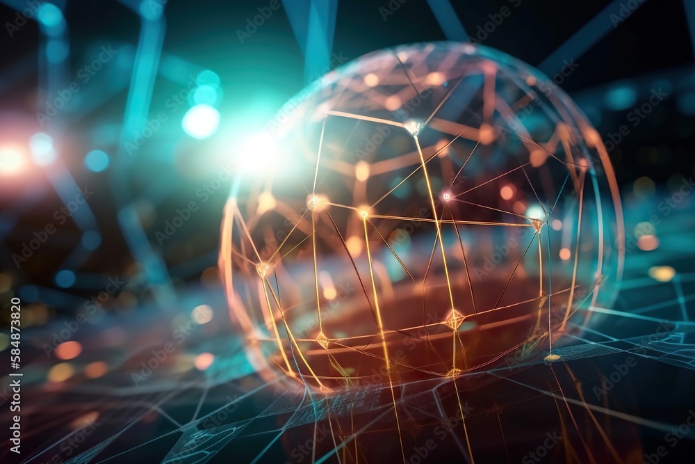 Poster A Sphere With Lines And Dots On It In The Dark With A Bright Light Deep Sea Trench Animation Supply Chain Optimization Generative AI 