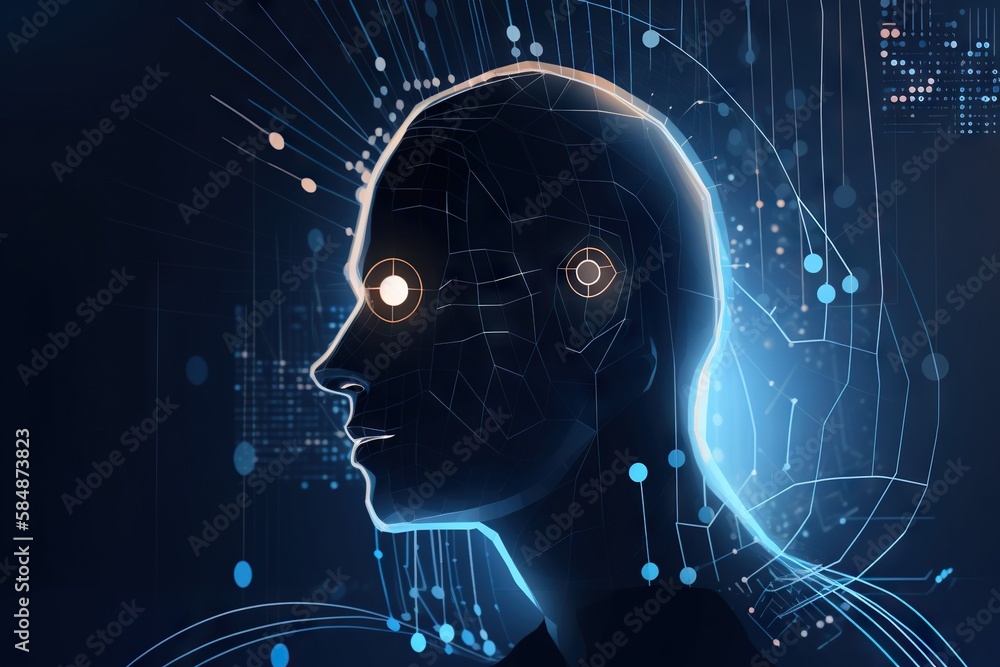 Poster a man's head with a futuristic interface in the background workshop graphic design natural language 