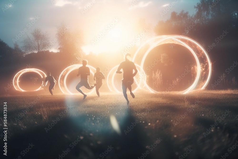 Aufkleber a group of people running through a field with a light painting effect soccer field long exposure ph
