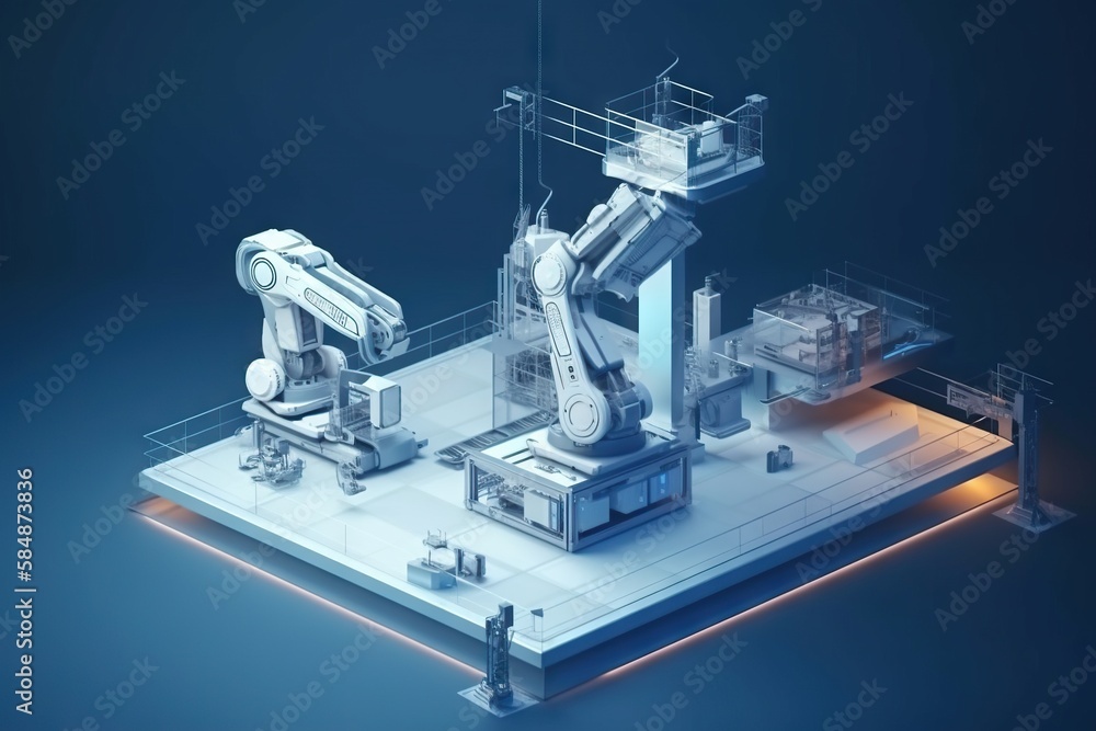 Poster a robot is standing on a piece of paper with a light factory animation manufacturing planning and co