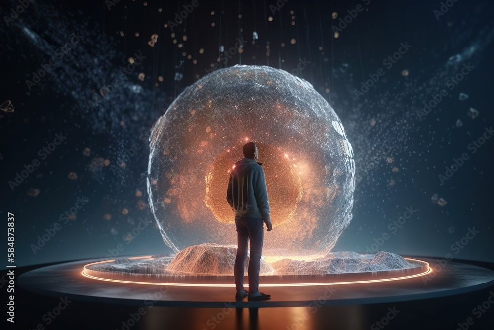 Poster a man standing in front of a large object in the dark lunar landscape animation motion graphics gene