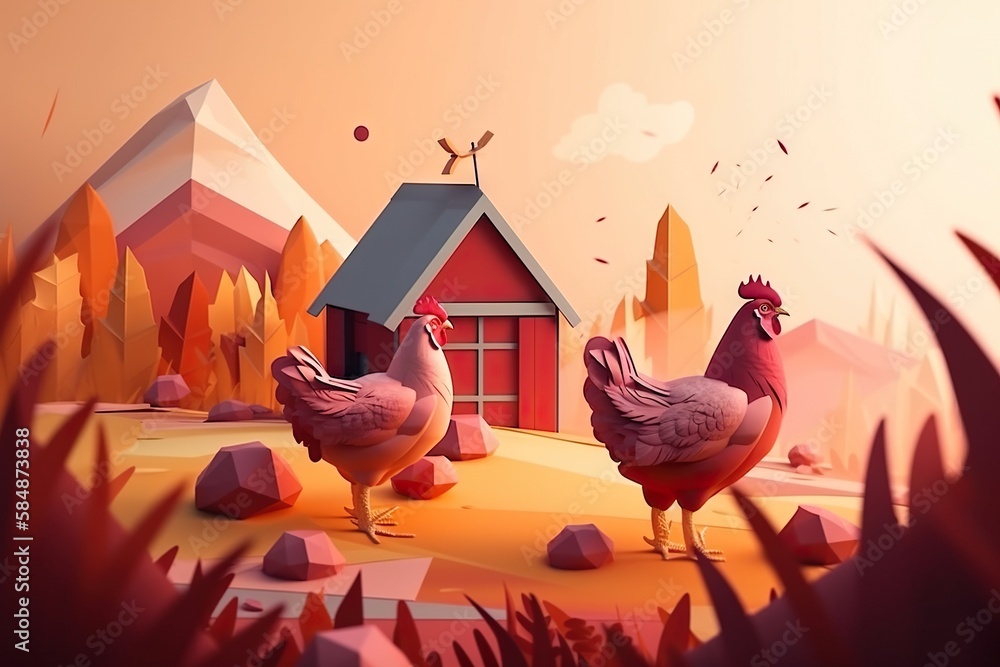 Poster a couple of chickens standing in front of a house in a field farm animation motion graphics generati