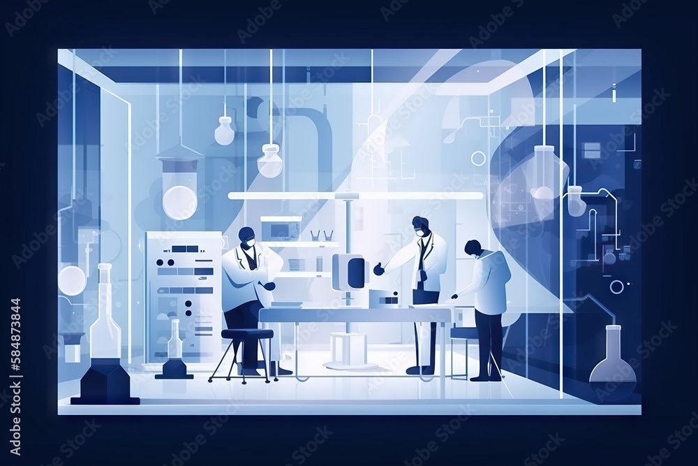 Aufkleber a group of people in a lab with a microscope and a table factory animation medical devices