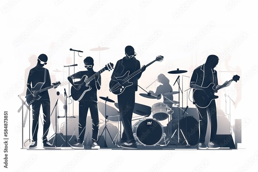 Poster a group of people playing instruments on a stage with a microphone oasis animation music performance