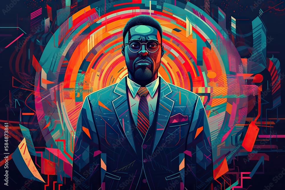 Poster a man in a suit and tie standing in front of a colorful background conference room graphic design pr