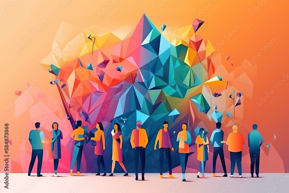 Poster a group of people standing in front of a colorful background with a large object workshop graphic de
