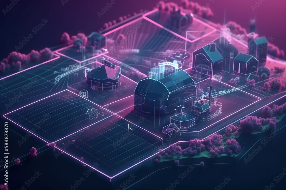 Poster a computer generated image of a house and a lot of trees farm animation motion graphics generative a
