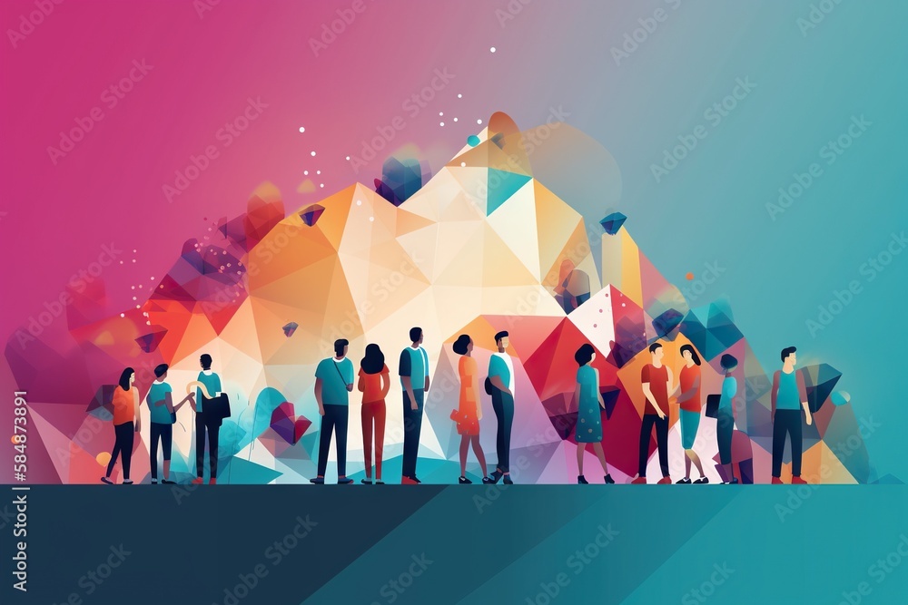 Poster a group of people standing in front of a mountain with a sky background workshop graphic design tale