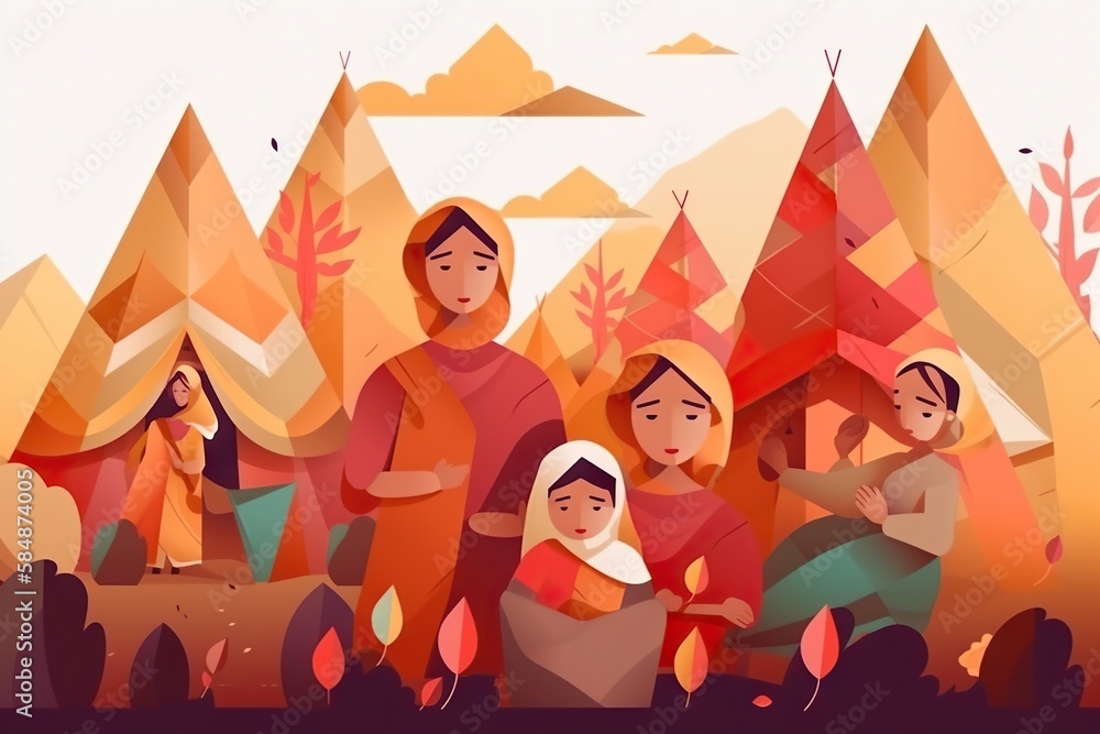 Aufkleber a family of four standing in a forest with trees and mountains in the background autumn forest paper