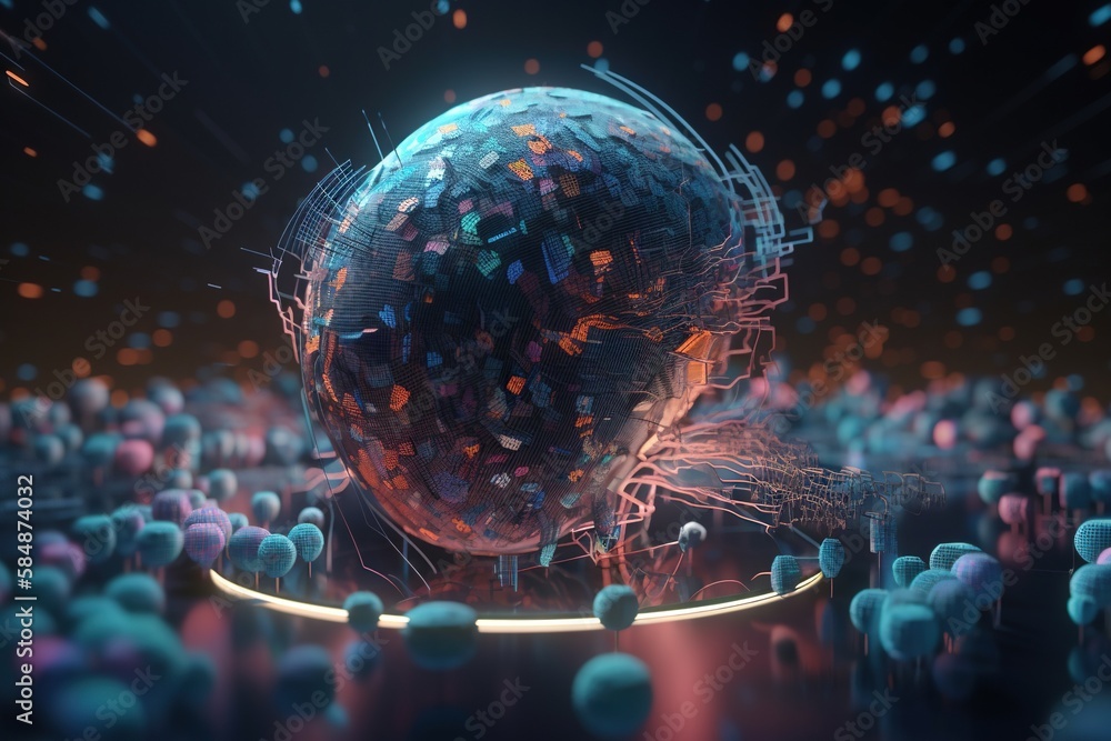 Poster a large group of people standing around a large glass ball with a brain inside deep sea trench anima