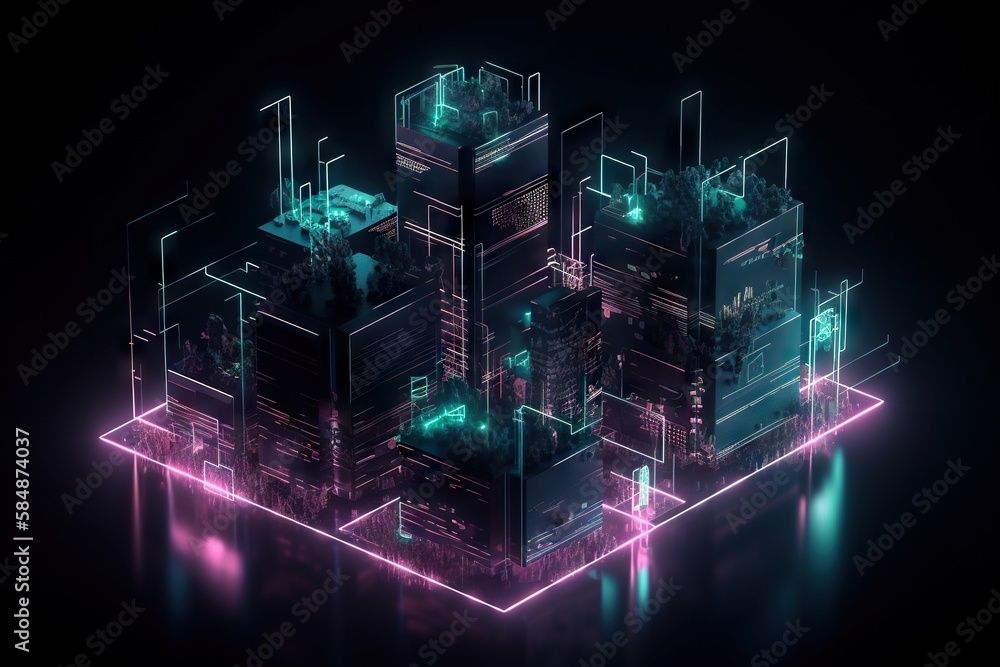 Poster a futuristic city with neon lights and a dark background with a reflection factory assemblage motion