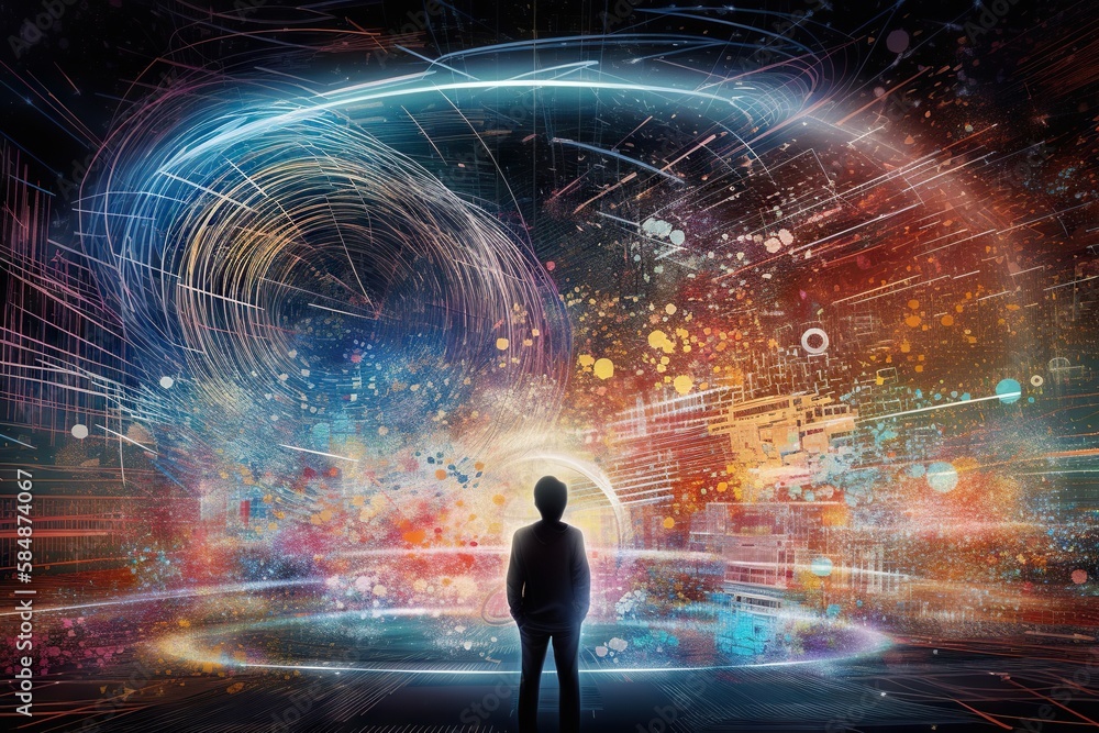 Fototapete A Man Standing In Front Of A Colorful Background With Circles And Lines Deep Sea Trench Conceptual Art Intellectual Property Law Generative AI 