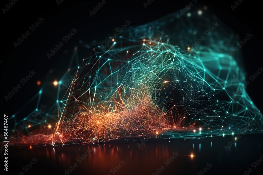 Poster a digital image of a mountain with lights on it and a reflection of the mountain deep sea trench ani