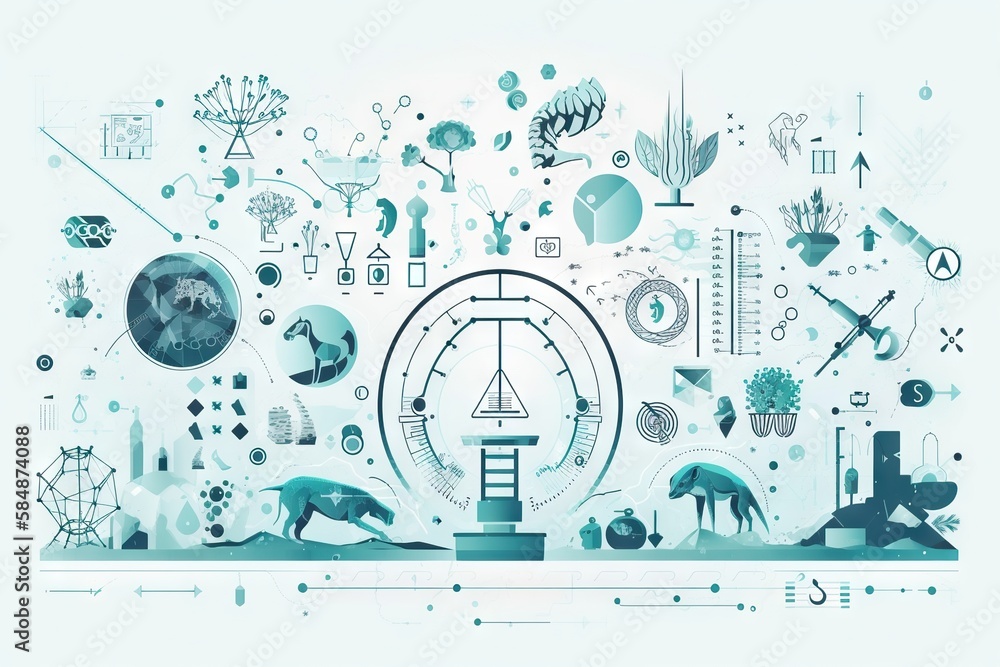 Poster a clock surrounded by various icons and symbols on a white background aquarium animation science edu