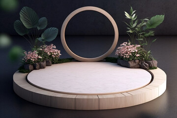 Wooden flat circle empty blank podium stage mockup with plants. Generative ai illustration