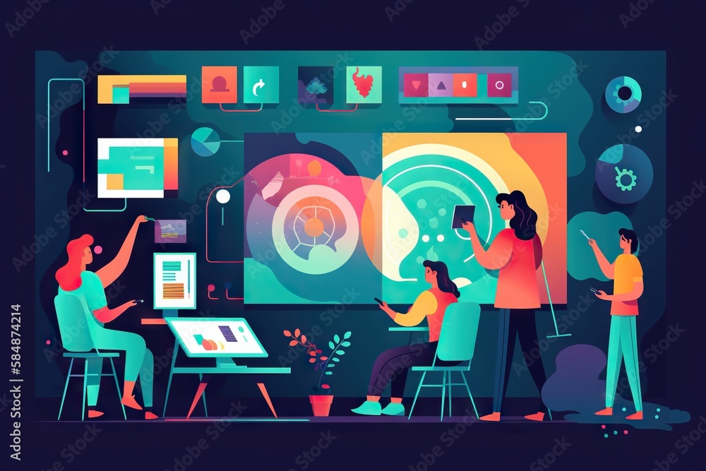 Poster people are gathered around a large screen with a graphic of a circle workshop graphic design instruc