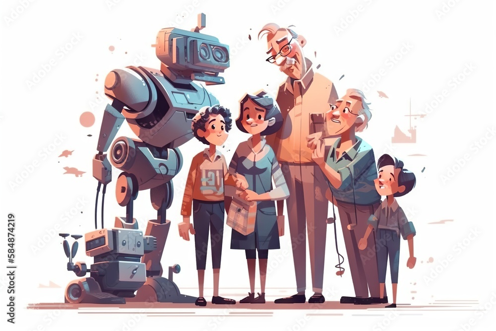 Poster a group of people standing next to a robot with a camera zoo animation animation filmmaking