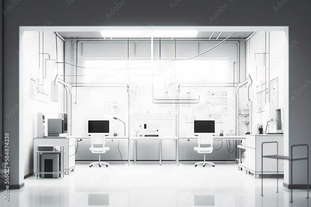 Poster a room with a desk and two computers on it and a chair factory animation motion graphics