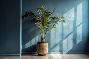 Room with concrete potted houseplant and plain blue wall. Palm tree interior. Luxurious house remodeling. Generative AI