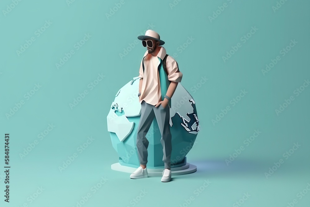 Poster a man in a hat and sunglasses standing in front of a blue and white object oasis animation motion gr