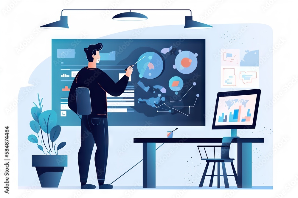 Poster a man is standing in front of a large poster and pointing to it workshop graphic design hr analytics