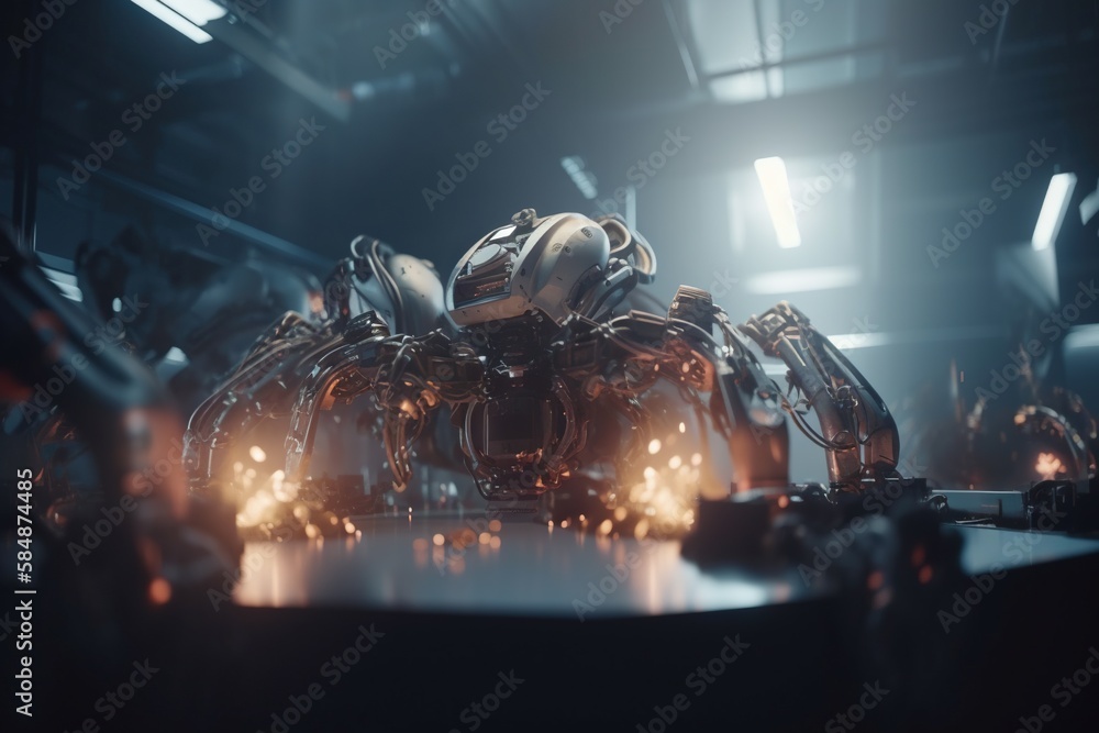 Poster a futuristic robot is sitting on a table in a dark room factory animation robotics engineering gener