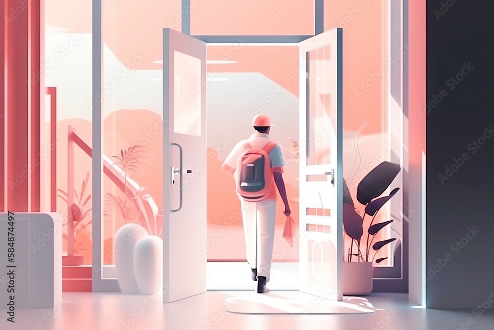 Poster a person walking into a room with a door open and a person in a helmet walking out of it resort anim